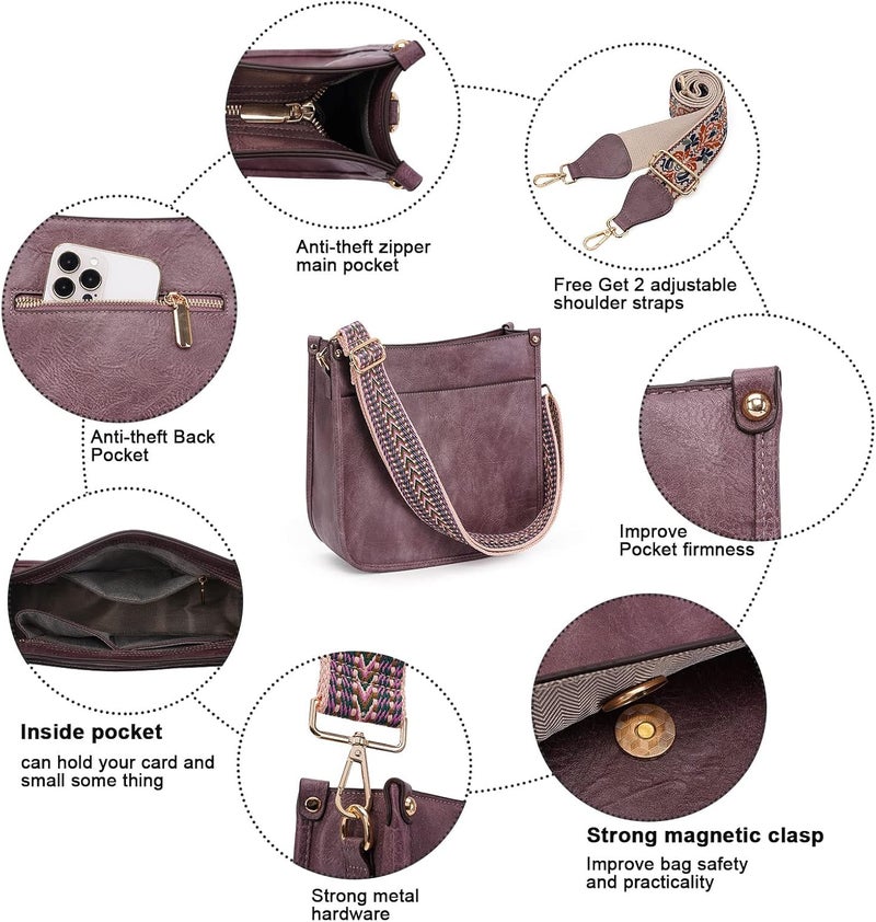 HKCLUF Crossbody Bags for Women Trendy Vegan Leather Hobo Handbags With 2PCS Adjustable Guitar Strap Shoulder Bucket Bags - Image 5